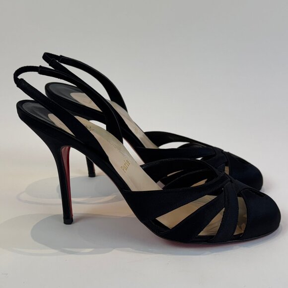 Louboutin Black Satin Cross Front Slingback Heels, EU 40.5 - Picture 5 of 16